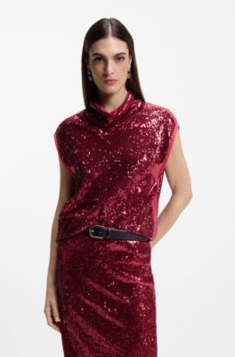 Sequin top with draped funnel neckline, Dark Red
