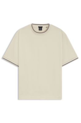 Camiseta de algod&oacute;n mercerizado con pu&ntilde;os a rayas, Blanco