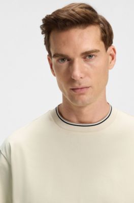 Camiseta de algod&oacute;n mercerizado con pu&ntilde;os a rayas, Blanco