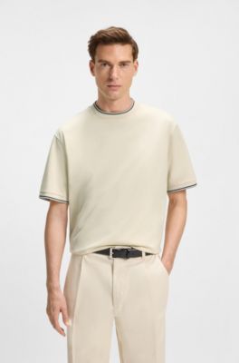 Camiseta de algod&oacute;n mercerizado con pu&ntilde;os a rayas, Blanco