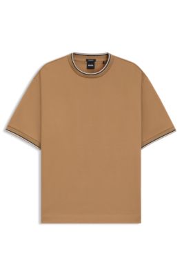 Striped-cuff T-shirt in mercerised cotton, Beige