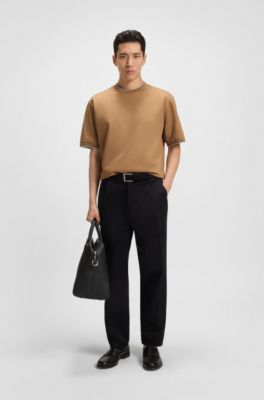 Striped-cuff T-shirt in mercerised cotton, Beige