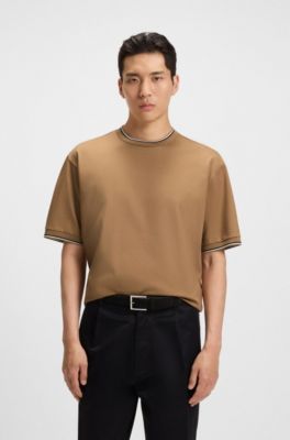 T-shirt en coton merceris&eacute; avec bords des manches &agrave; rayures, Beige