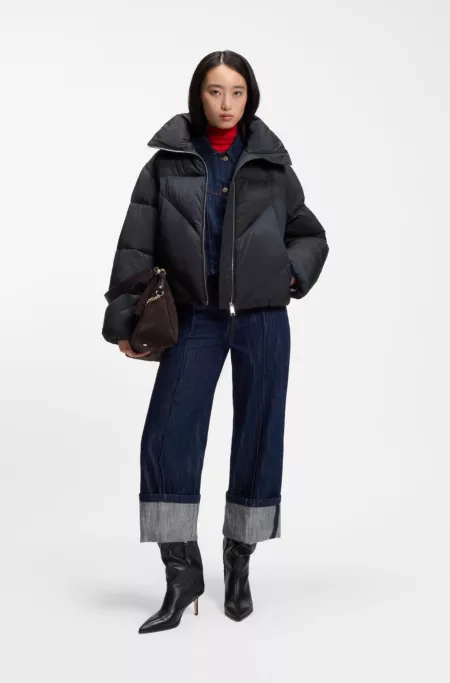 Zippered puffer jacket in lustrous fabric