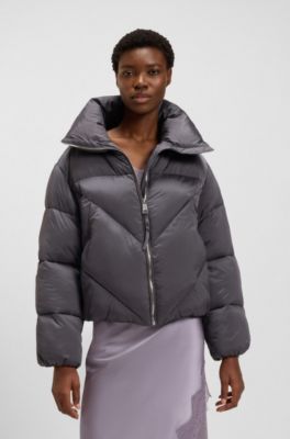 Doudoune zipp&eacute;e en tissu brillant, Violet fonc&eacute;