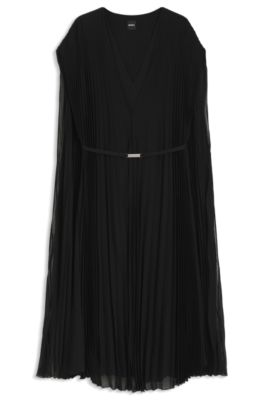 Vestido con cintur&oacute;n en gasa arrugada con recubrimiento, Negro