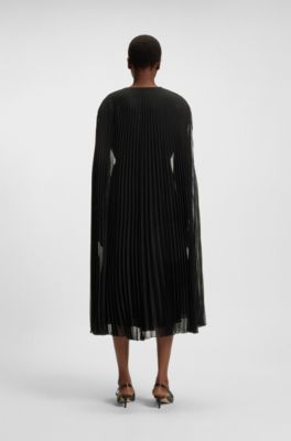 Vestido con cintur&oacute;n en gasa arrugada con recubrimiento, Negro