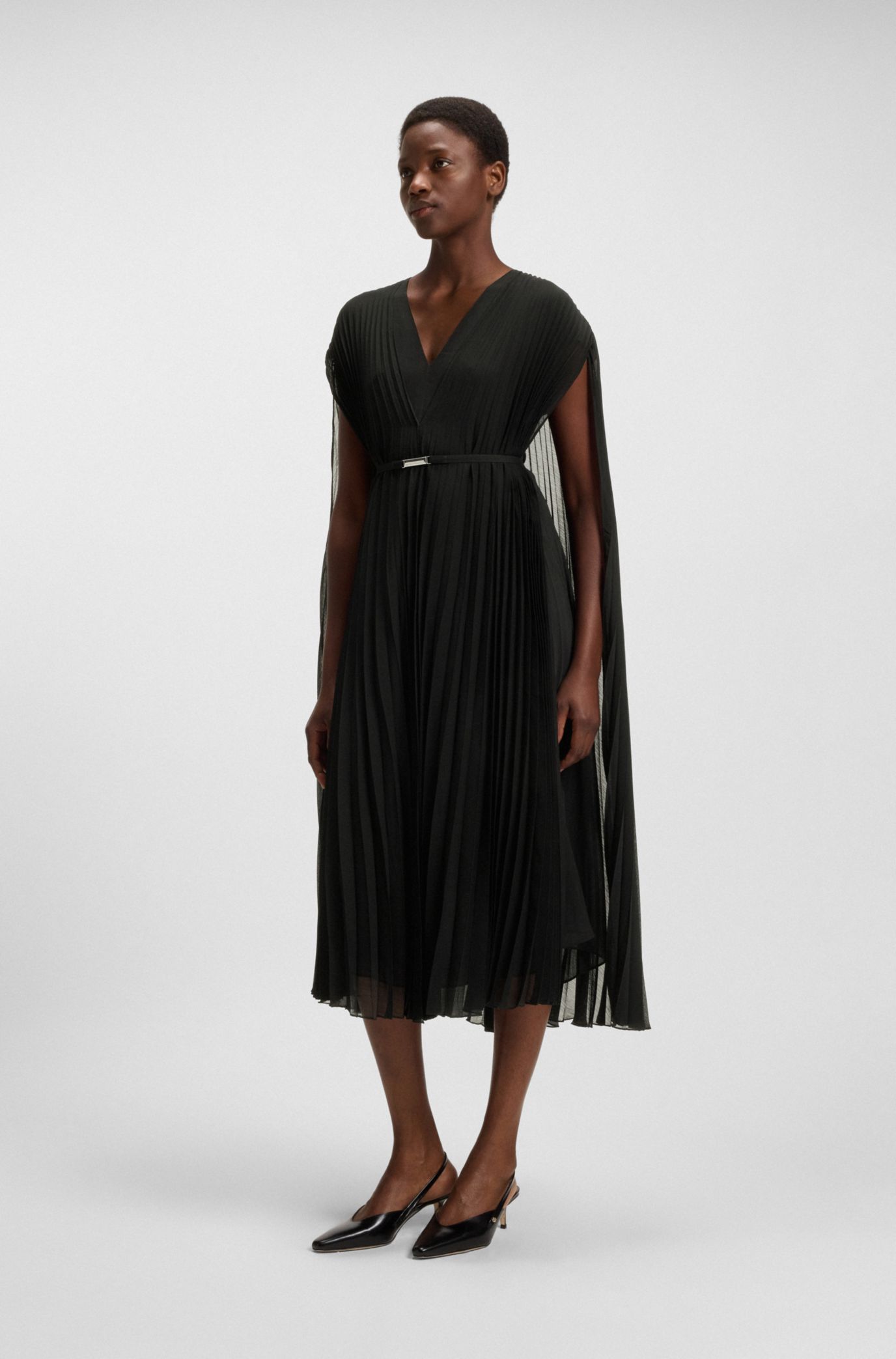 BOSS - Belted dress in crinkle chiffon with overlay - Black
