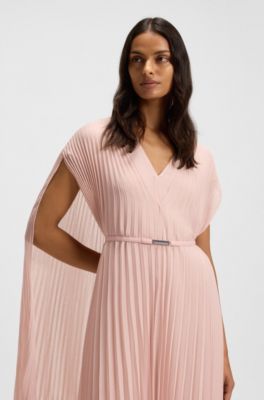Vestido con cintur&oacute;n en gasa arrugada con recubrimiento, Rosa claro