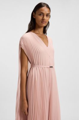 Vestido con cintur&oacute;n en gasa arrugada con recubrimiento, Rosa claro