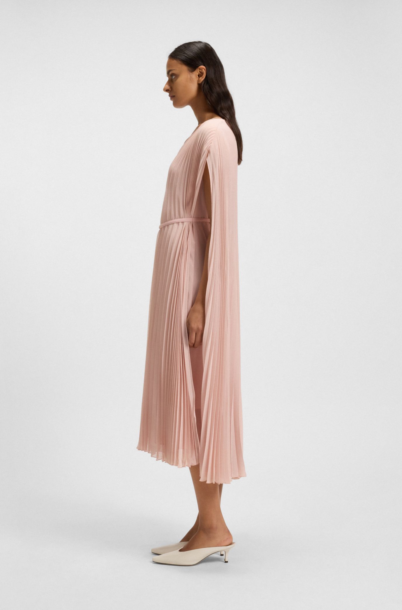 BOSS - Belted dress in crinkle chiffon with overlay - light pink
