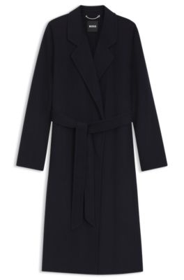Manteau long Slim en laine m&eacute;lang&eacute;e, Bleu fonc&eacute;