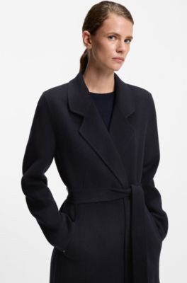 Manteau long Slim en laine m&eacute;lang&eacute;e, Bleu fonc&eacute;