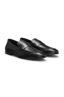 Tumbled-leather loafers with penny trim, Black