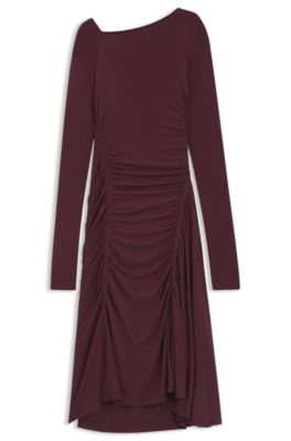 Vestido de manga larga en punto mate con detalles fruncidos, P&uacute;rpura oscuro