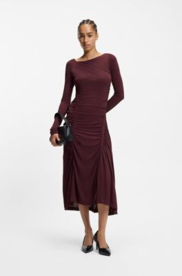 Vestido de manga larga en punto mate con detalles fruncidos, P&uacute;rpura oscuro