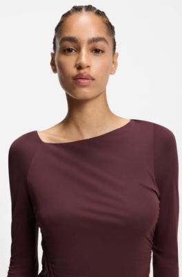 Vestido de manga larga en punto mate con detalles fruncidos, P&uacute;rpura oscuro