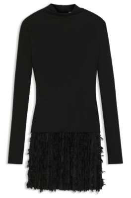 Robe en jersey avec plis &agrave; d&eacute;tails plumes, Noir