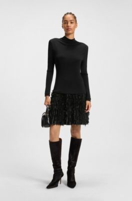 Jersey dress with feathered pliss&eacute; pleats, Black