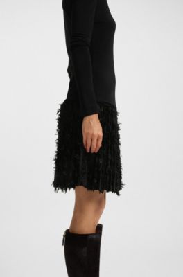 Robe en jersey avec plis &agrave; d&eacute;tails plumes, Noir