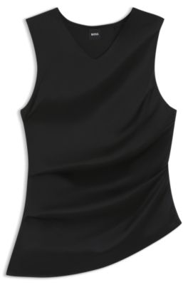 Asymmetric-hem top with stretch-silk front, Black