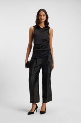 Asymmetric-hem top with stretch-silk front, Black