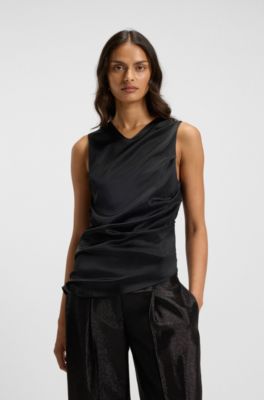 Asymmetric-hem top with stretch-silk front, Black