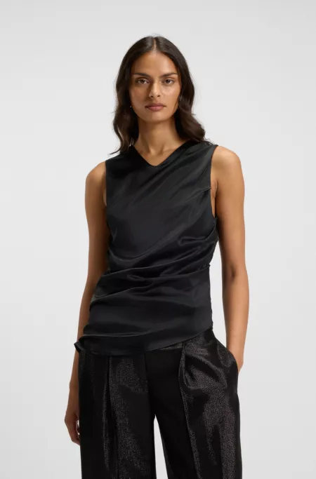 Asymmetric-hem top with stretch-silk front