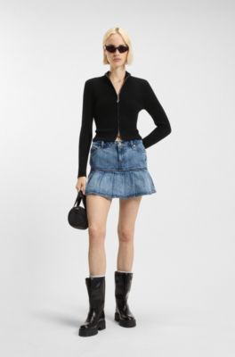 Ribbed cardigan with logo-puller zip, Black