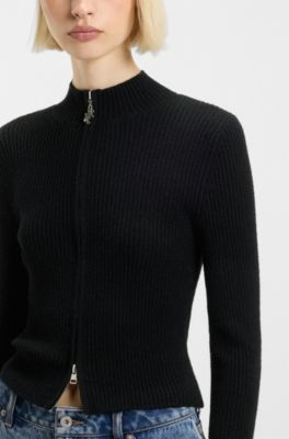 Ribbed cardigan with logo-puller zip, Black