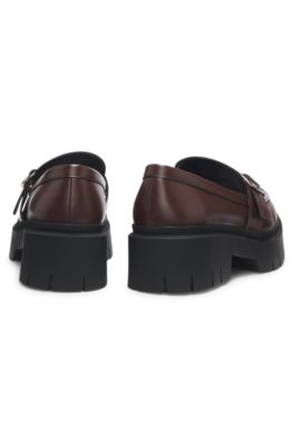 Mocasines de piel con correa de hebilla, Marr&oacute;n oscuro