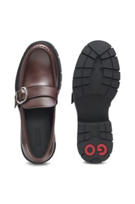 Mocasines de piel con correa de hebilla, Marr&oacute;n oscuro