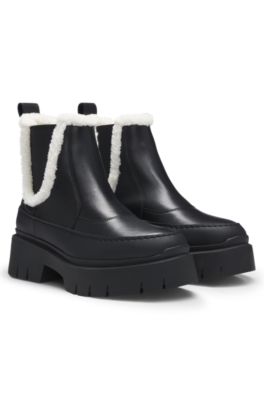 Leather Chelsea boots with faux-fur trim, Black