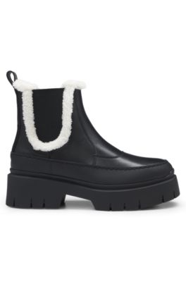 Leather Chelsea boots with faux-fur trim, Black