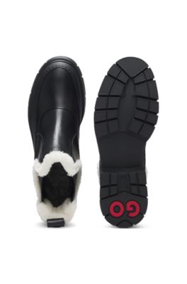 Bottines en cuir avec finition en fourrure synth&eacute;tique, Noir