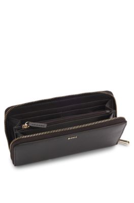 Cartera con cremallera envolvente y letras de logo, Marr&oacute;n oscuro