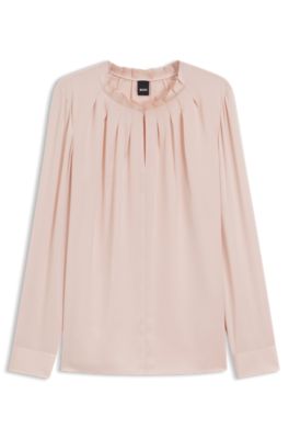 Blusa regular fit de seda con el&aacute;stico, Rosa claro