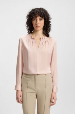 Blusa regular fit de seda con el&aacute;stico, Rosa claro