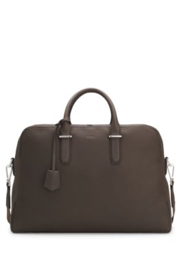 Grained-leather duffel bag with embossed logo, Dark Brown