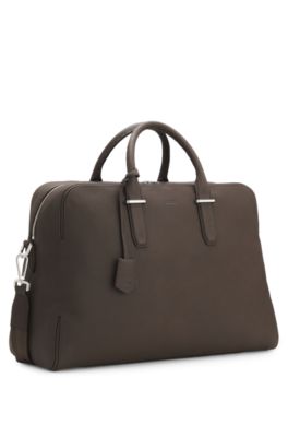 Grained-leather duffel bag with embossed logo, Dark Brown