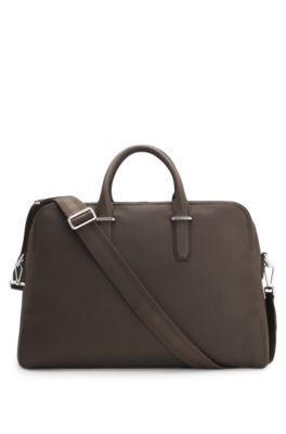 Grained-leather duffel bag with embossed logo, Dark Brown