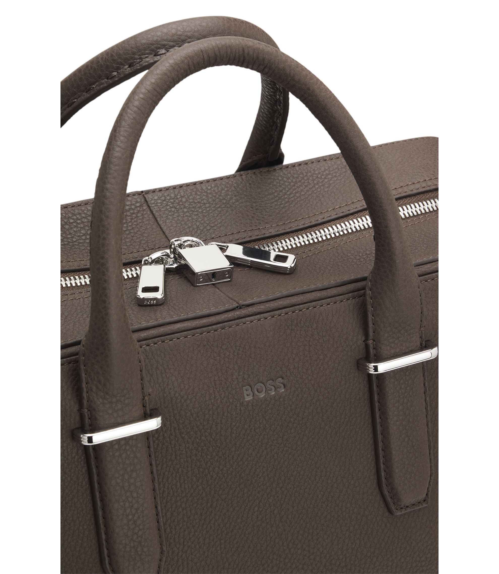BOSS - Grained-leather holdall with detachable key holder - Dark Brown