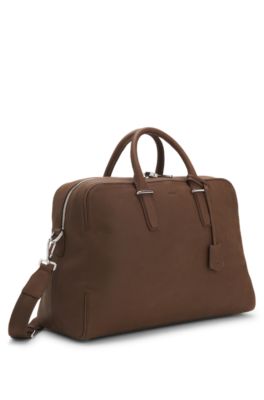 Grained-leather duffel bag with embossed logo, Brown