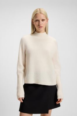 Wool-blend sweater with mock neck, White