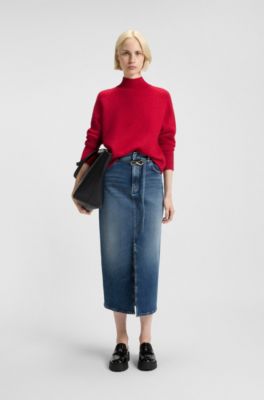 Wool-blend sweater with mock neck, Red