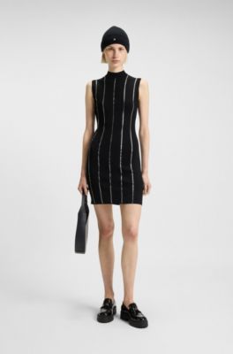 Vestido ajustado de punto con rayas de pedrer&iacute;a, Negro