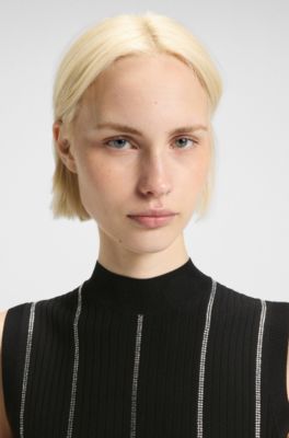 Vestido ajustado de punto con rayas de pedrer&iacute;a, Negro