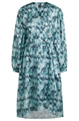 Printed dress in hammered satin, Patterned