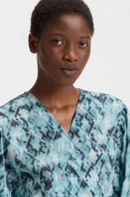 Printed dress in hammered satin, Patterned