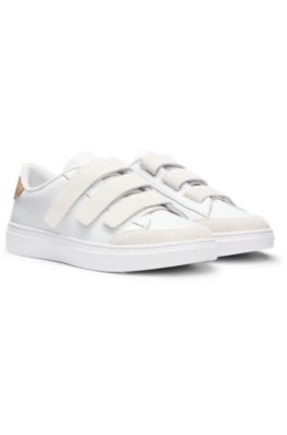 Leather trainers with suede riptape straps, White